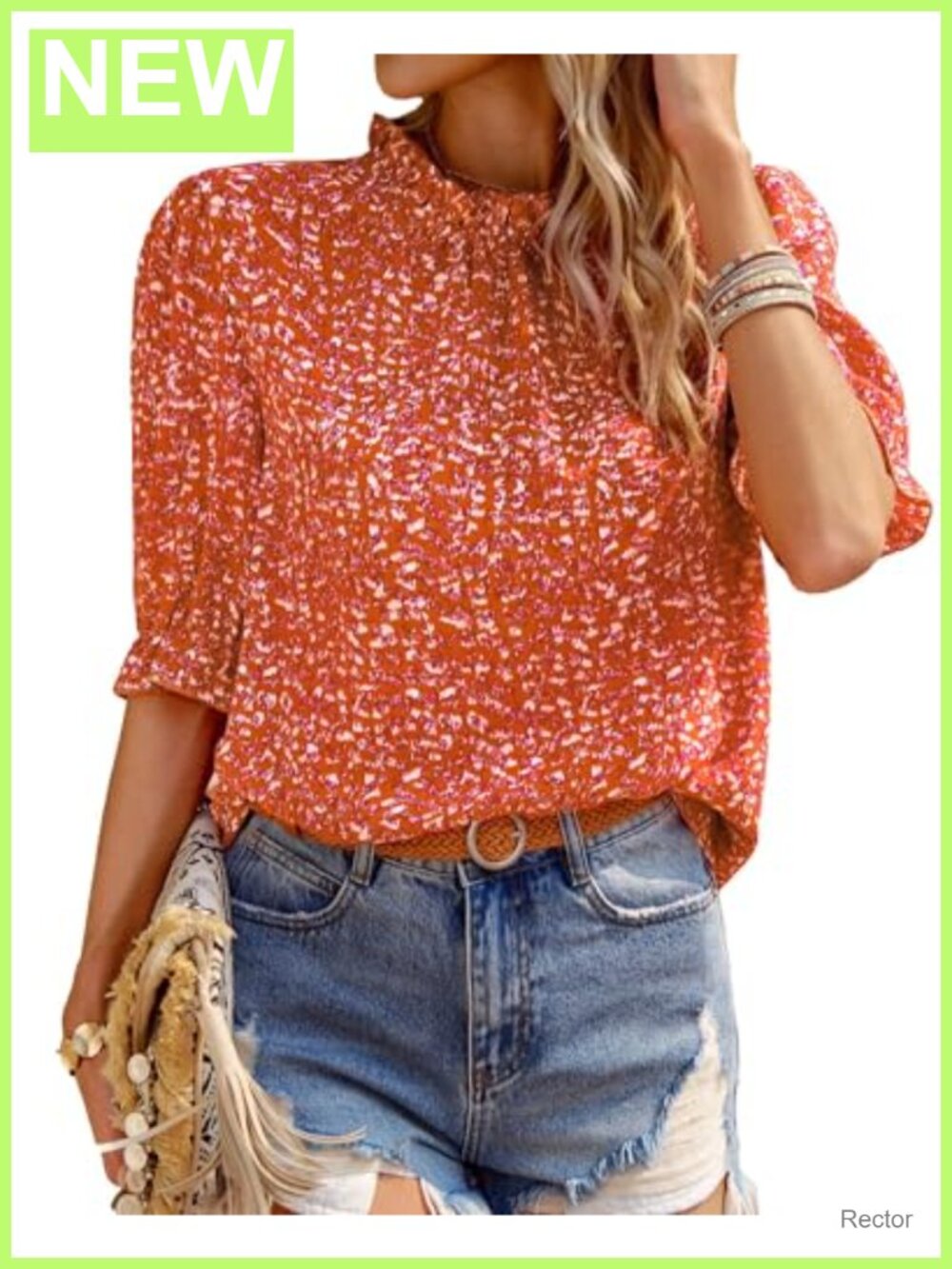 Women's Blouse High Neck Boho Floral Puff Sleeve Button Back